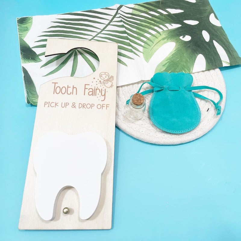 ZHYEEDAA 3 Pcs Tooth Fairy Kit,Tooth Fairy Tooth Holder with Tooth-Storage Bottle Velvet Pouch& Money Slot Keepsake,Wooden Tooth Door Hanger for Kids' First Lost Teeth, Tooth Fairy Gifts for Boy and Girl(Blue) - Image 4